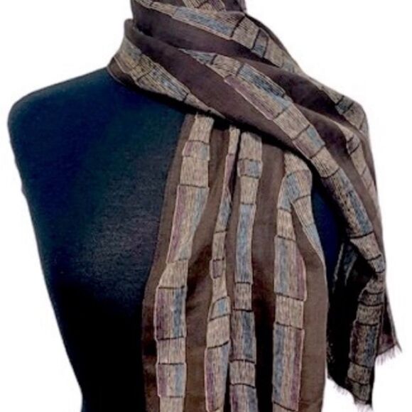 Echo Accessories - Vintage ECHO 100% Wool Long Scarf, Brown with Cream Blue Stripe Abstract Design